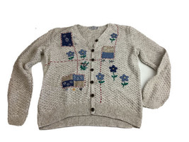 Alfred Dunner Womens Sweater PM Cardigan Petite Flowers Patches Chunky Knit - $15.60