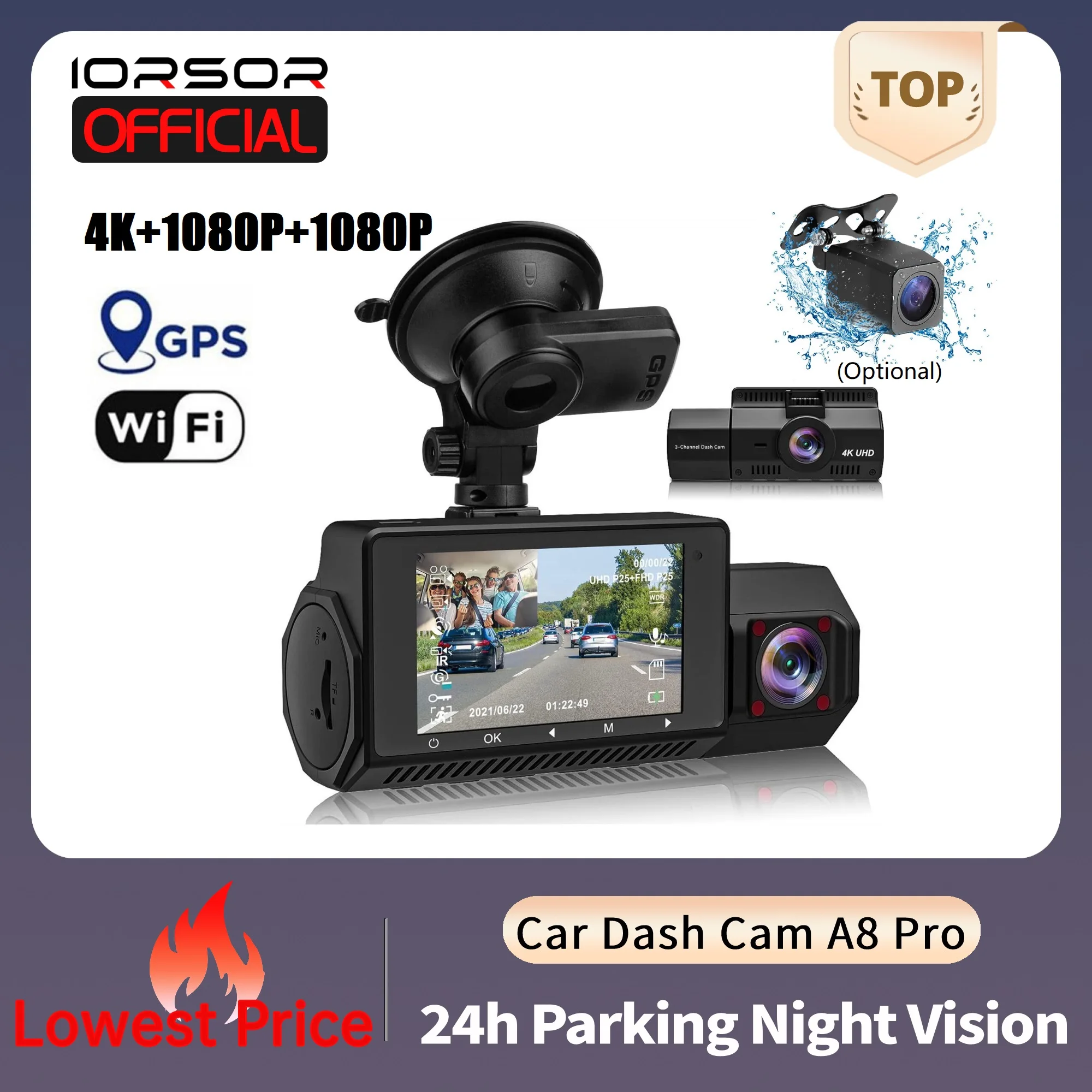 Dashcam 4k GPS Wifi 24h Parking Monitor Dash Cam for Cars 3 Camera Night Vision - £100.02 GBP+