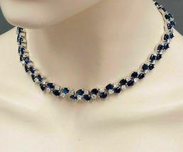 40 Ct Pear &amp; Round Blue Sapphire &amp; Diamond Tennis Necklaces 14K White Gold Over - £218.06 GBP