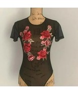 Forever 21 Black Mesh Rose Embroidered Bodysuit Small - $18.70