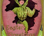 Vtg Postcard 1909 Easter Greetings Giant Egg Gilt Woman In Green Big Hat  - $10.90
