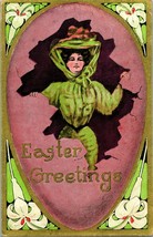 Vtg Postcard 1909 Easter Greetings Giant Egg Gilt Woman In Green Big Hat  - £8.54 GBP