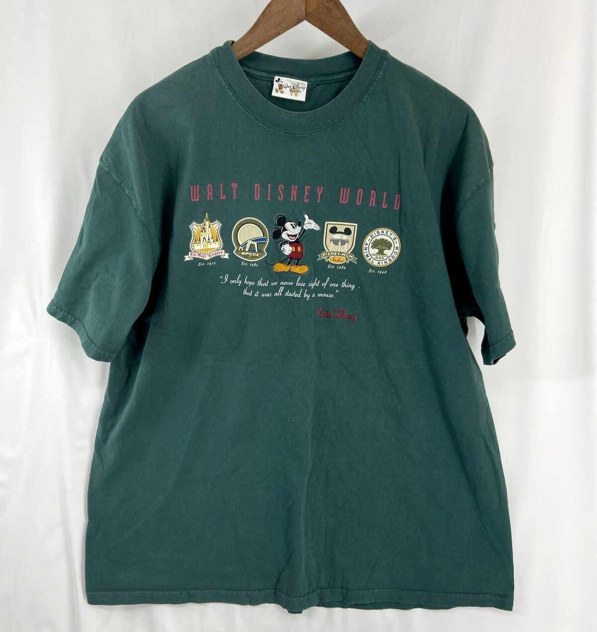 Vintage Walt Disney World Mens Green T-Shirt Sz XL 4 Parks Mikey Embroidered USA - $37.99
