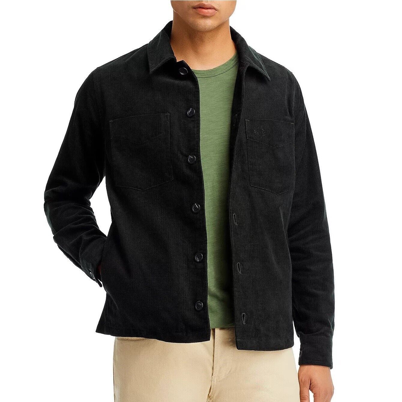 Fred Perry Men&#39;s Dual Pocket Waffle Corduroy Overshirt Jacket Logo Night... - $118.12