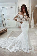 Beautiful Mermaid Long Sleeves Lace V-neck Wedding Dresses White Court Train Bri - £196.12 GBP