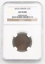 1872-H Straits Settlements 1/2 Cent Coin Graded by NGC AU-50 BN KM# 8 - $441.76