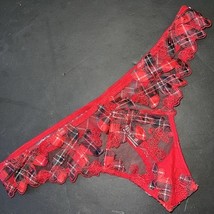 Victoria&#39;s Secret S,M,L thong panty satin RED Black Plaid FLORAL APPLIQU... - $29.69