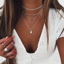 Four Chain Necklace Layered Necklace with Teardrop Moonstone Pendant Silver - £9.73 GBP