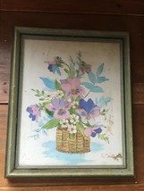Vintage Artist Signed Original Oil Canvas of Purple Pink Pansy Flower Bouquet in - £11.90 GBP