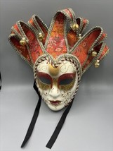 Mardi Gras Full Face Venetian Mask White Orange Gold Bells Made in Italy - $57.17