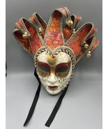 Mardi Gras Full Face Venetian Mask White Orange Gold Bells Made in Italy - £44.95 GBP