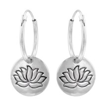 Lotus Flower Circle Charm 925 Silver Hoop Earrings - £13.44 GBP