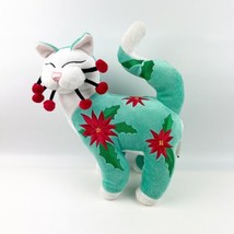 Vtg WhimsiClay Poinsettia Sea Blue White Cat Holiday Plush Lacombe Flower EUC - £27.72 GBP