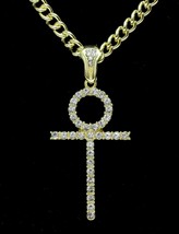 Thin Icy Ankh CZ Pendant 14k Gold Plated w/ 24&quot; Link Chain Hip Hop Necklace - £7.90 GBP