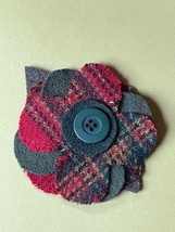 Handmade Large Red &amp; Green Plaid Layered Wool Fabric Flower Brooch Pin - 4 inche - $10.21