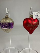 Glass Christmas Red Heart Gold Glitter + Silver Heart Merry Christmas Or... - $19.79