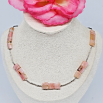925 Sterling Silver - Square  Pink Agate Beaded Chain Choker Necklace 17&quot; Long - £23.48 GBP