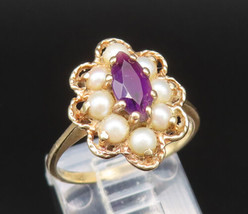 10K GOLD - Vintage Victorian Amethyst &amp; Cultured Pearls Flower Ring Sz 5 - GR440 - £174.49 GBP
