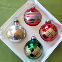 4 Rauch Pyramid Christmas Ball Ornaments USA Made 2.5&quot; Diameter Mica Trimmed - £8.69 GBP