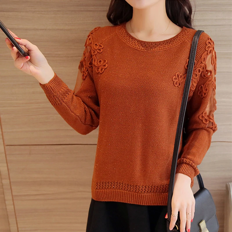   Women  Stitching    Pullover s  Loose Embroidery O Neck Jumper Tops Feminine 1 - £104.48 GBP