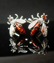 Enamel Bee Cufflinks rhinstone wings Fly insect Silver figural novelty gift Vint - £67.94 GBP