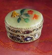 Antique Chinese Box Miniature Cloisonne Jade Tigereye Carnelian Flowers ... - $125.00