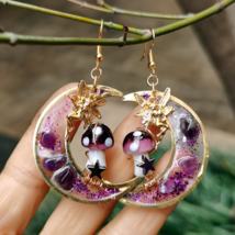 Handmade Purple Mushroom and Amethyst Glittery Moon Drop Earrings, Witchy Vibes - £13.33 GBP