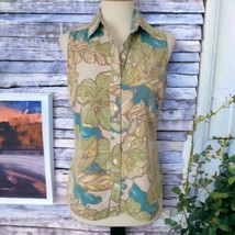 Izod Silk Sleeveless Shirt Sz 4 Blouse Buttons Banana Leaf Pastel Tropic... - £19.45 GBP