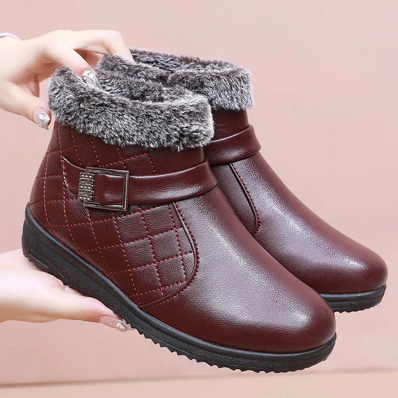 Cosy faxu fur hem ankle boots mother winter shoes for women buckle deco leather  - £40.24 GBP