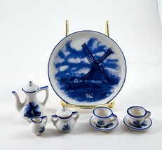 Delft Mini Tea Set For Two Hand Painted Blue Holland Windmill Vintage - £9.47 GBP