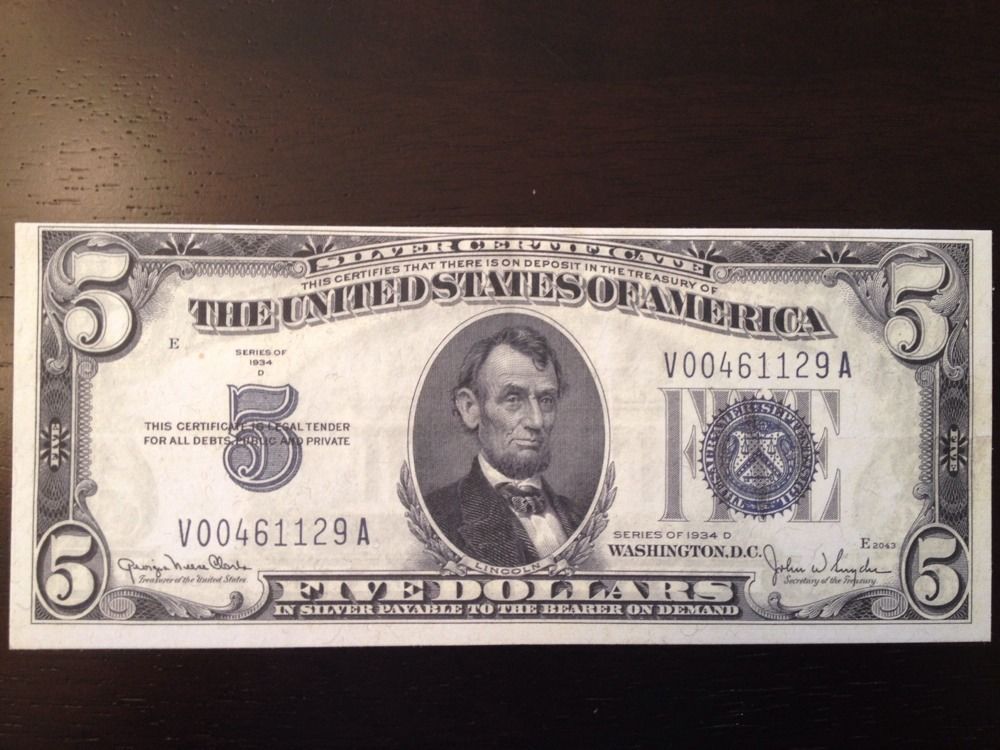 Reproduction United States $5 Bill Silver Certificate 1934D Abraham Lincoln Five - $3.99