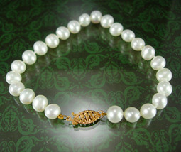 Genuine gold &amp; Pearl Bracelet Wedding Bridal Vintage signed  7 1/4&quot;  inch hand k - £108.17 GBP