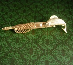 Extra Large bass Tie clip  Anson Fish gold hinged Tie Clip Vintage Bass and Net  - £75.76 GBP