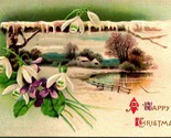 A Happy Christmas Cabin Scene Icicles Flowers 1911 DB Postcard C6 - $6.88