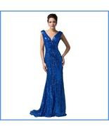 Sapphire Blue Sequined Lace Up Back Long Train Mermaid Evening Prom Gown - £147.04 GBP