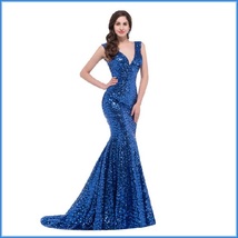 Sapphire Blue Sequined Lace Up Back Long Train Mermaid Evening Prom Gown image 2