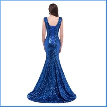 Sapphire Blue Sequined Lace Up Back Long Train Mermaid Evening Prom Gown image 4