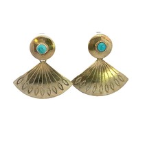 Vintage Signed Sterling Native American Petite Turquoise Fan Dangle Earrings - £35.61 GBP