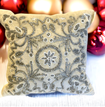 Christmas Gray Velvet Beaded SIlver White Nordic Pattern Holiday Pillow 12x12&quot; - £39.19 GBP