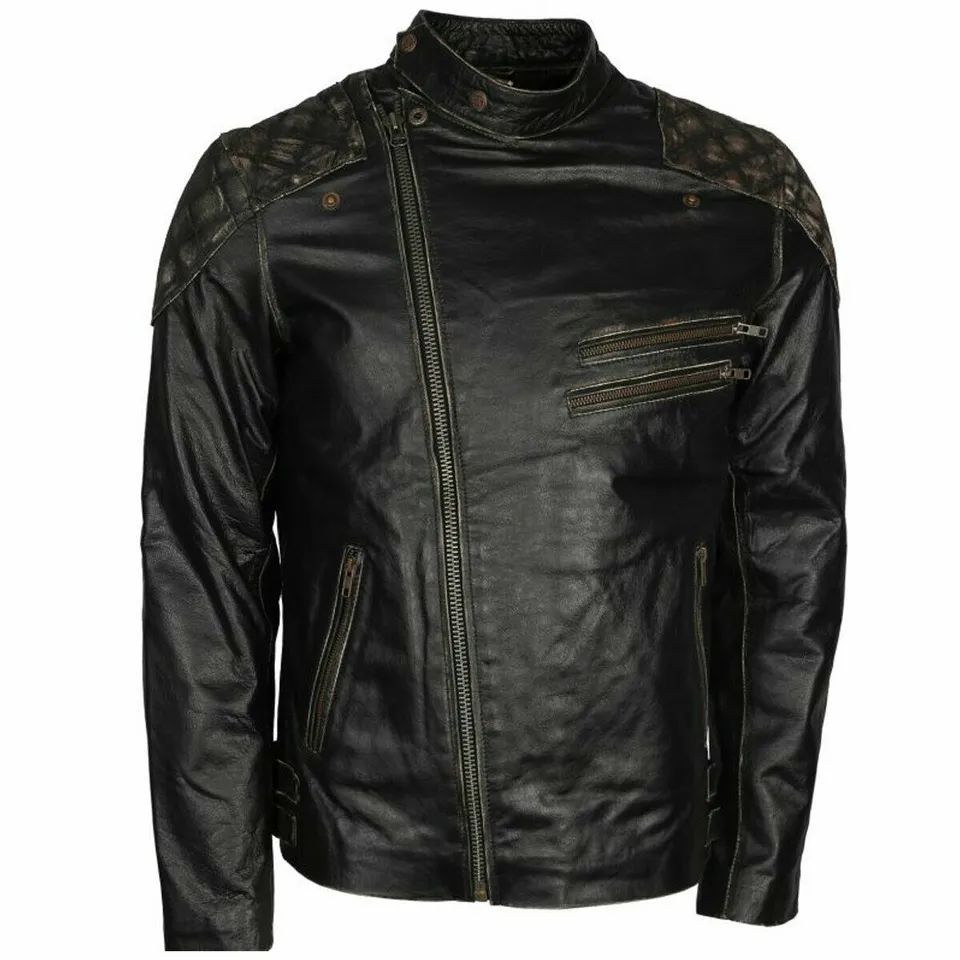  Men Skull &amp; Bones Black Distressed Vintage Style Motorcycle Leather Jacket - £133.72 GBP