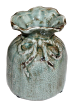 Ceramic Flower Vase Round Bag Bow Tie Ruffled Green Crackle Glaze 5” X 4” - £7.99 GBP