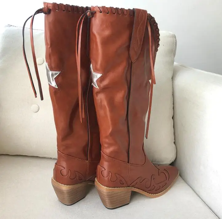 Oy boot women chunky heel high boots below the knee slimming knight boots fringe tassel thumb200