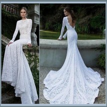 Elegant Backless Long Sleeve Mermaid White Lace Chiffon Long Train Bridal Gown