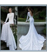 Elegant Backless Long Sleeve Mermaid White Lace Chiffon Long Train Brida... - £391.64 GBP