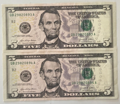 Lot of 2 Uncirculated Series 2021 $5 Bills With Consecutive Serial Numbers. - $19.33