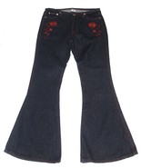 VTG HOT &amp; THE GANG Red Embroidered Flowers Wide Flare Bellbottom Jeans W... - $65.63 CAD