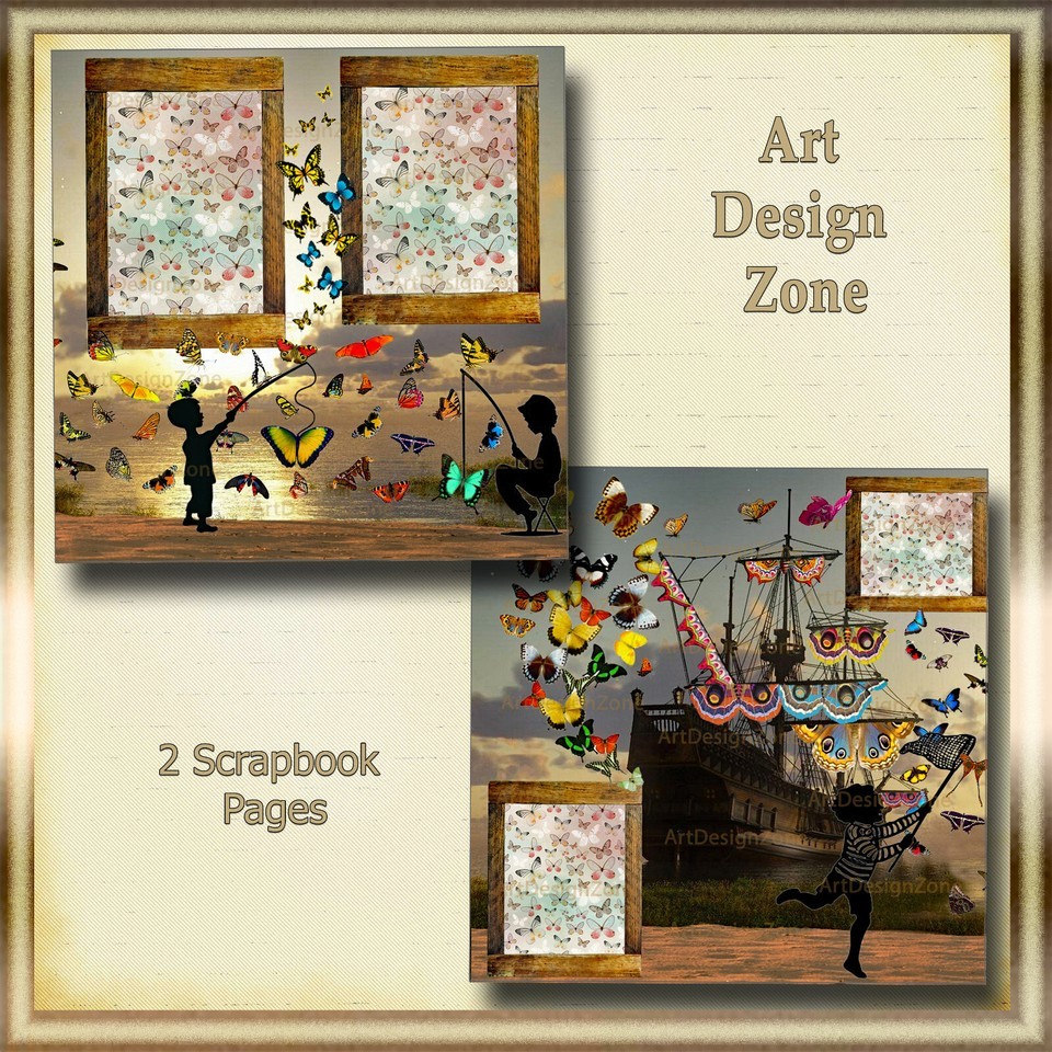 Butterfly Pirate Ship - Silhouettes of Children fishing Scrapbook Pages - $17.00