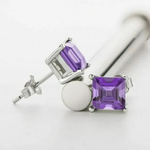 2Ct Asscher Cut Simulated Amethyst Solitaire Stud Earrings 14K White Gold Plated - £26.23 GBP