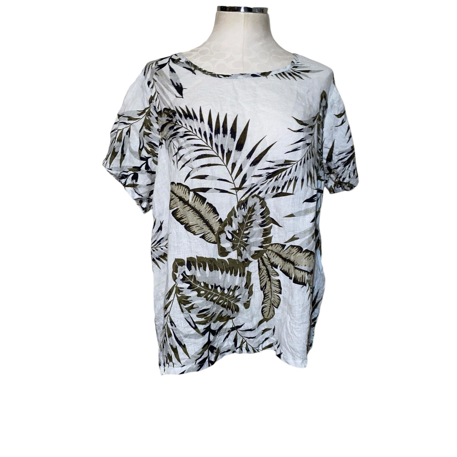 C&amp;C California White Tropical Leaf Print Linen Short Sleeve Blouse Plus ... - $26.60