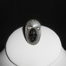 Sterling Aztec Ring Carved Onyx Tribal Mask Statement Jewelry Size 5.5 Vintage - £46.51 GBP